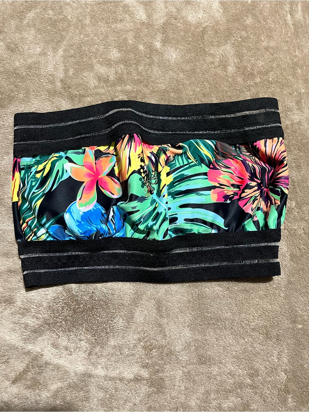 Shein Tropical Floral Bandeau Swim Top - Black Multi-Size S